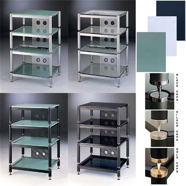 Vti Manufacturing VTI Manufacturing BLG404SSW 4 Silver Capspike Silver Poles 4 Clear Glass Shelves AV Stand BLG404SSW